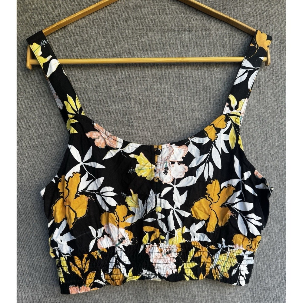 New Roxy Floral Smocked Crop Tank Top Large Black Orange Tillys